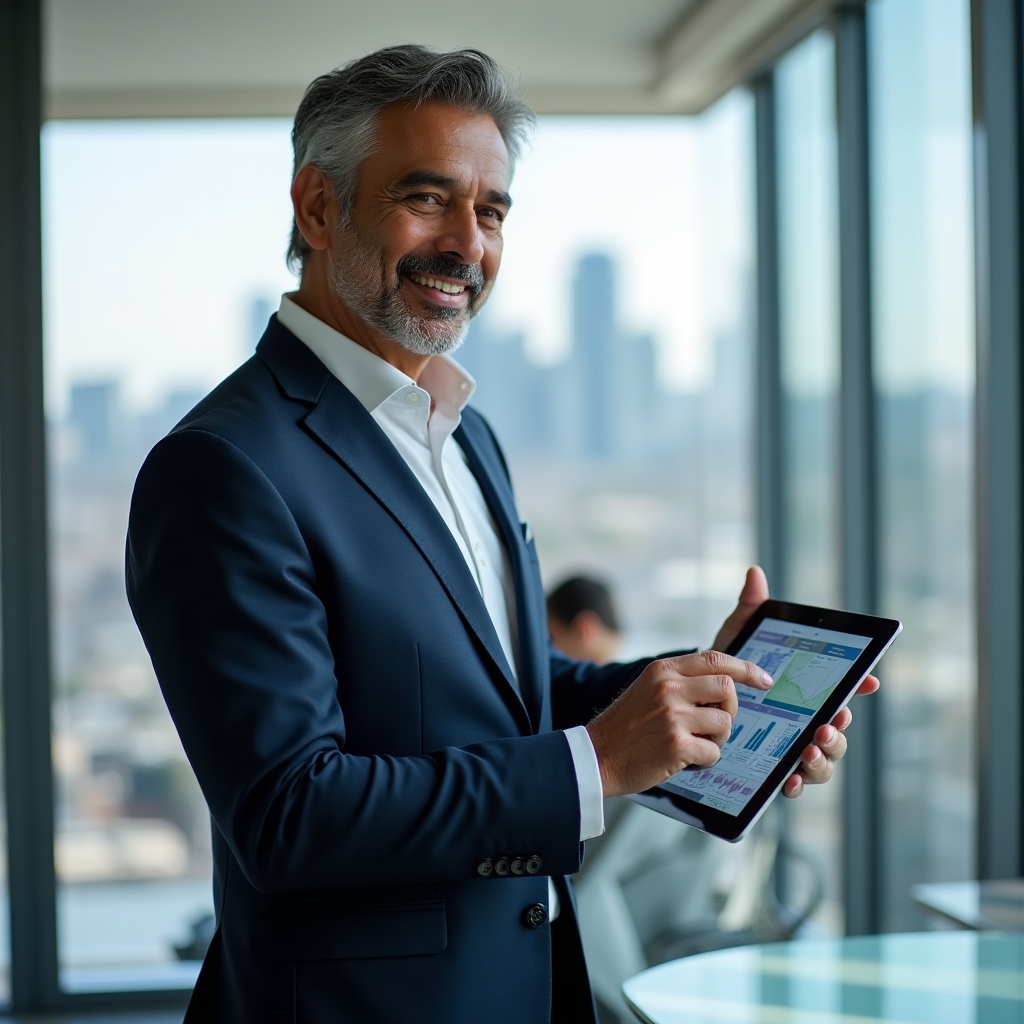 Senior marketing analytics instructor reviewing a dashboard reporting framework at a glass office desk