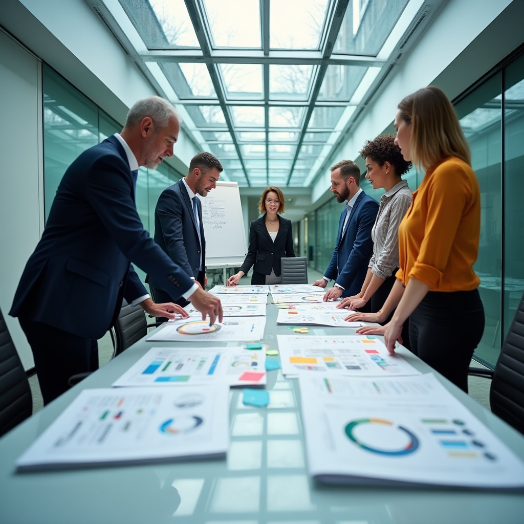 Team of marketing analysts collaborating around dashboard wireframes during a workshop